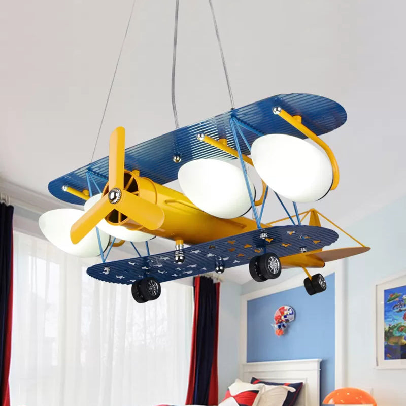 Boys Bedroom Chandelier: Blue Pendant Light With Milk Glass Shade & Biplane Design