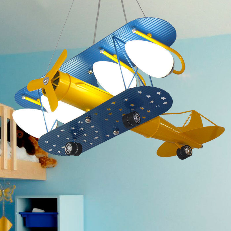 Boys Bedroom Chandelier: Blue Pendant Light With Milk Glass Shade & Biplane Design