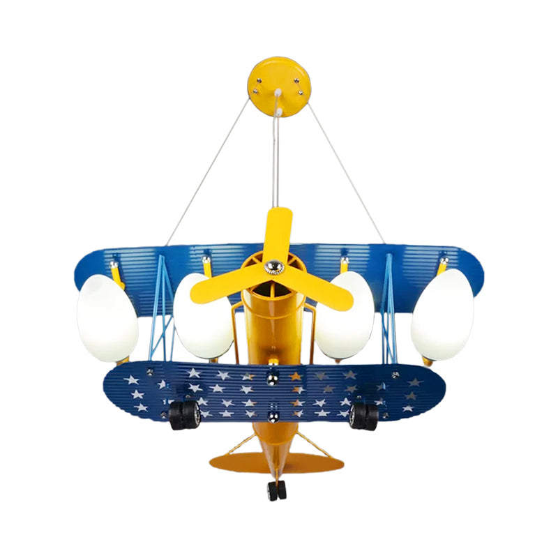 Boys Bedroom Chandelier: Blue Pendant Light With Milk Glass Shade & Biplane Design