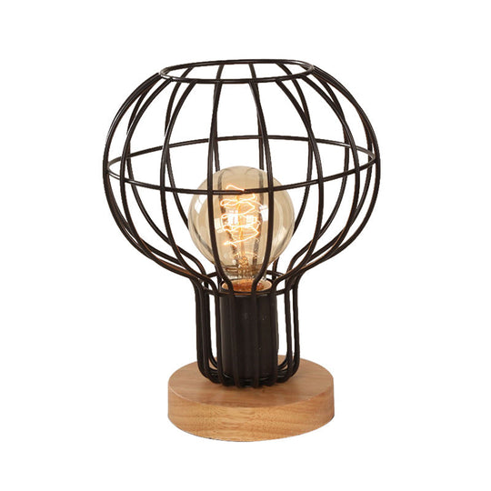 Industrial Stylish Table Lamp With Wire Guard For Bedroom - Metal And Wood Task In Black