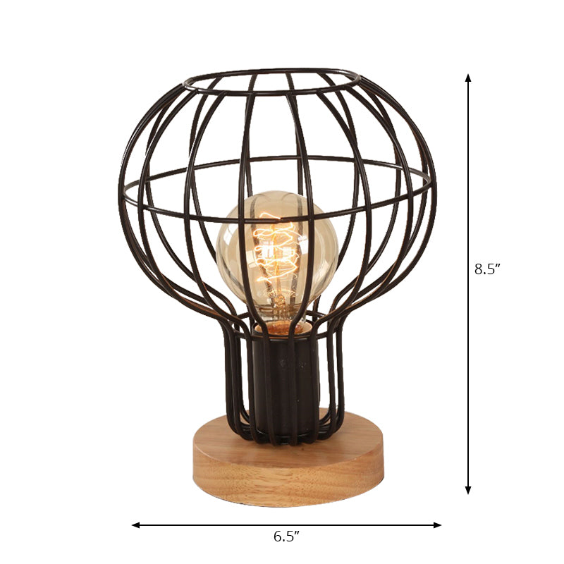 Industrial Stylish Table Lamp With Wire Guard For Bedroom - Metal And Wood Task In Black