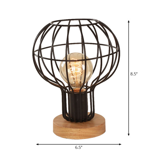 Industrial Stylish Table Lamp With Wire Guard For Bedroom - Metal And Wood Task In Black