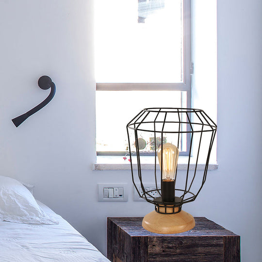 Industrial Stylish Table Lamp With Wire Guard For Bedroom - Metal And Wood Task In Black / Barrel