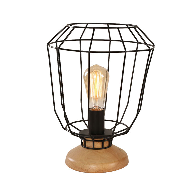 Industrial Stylish Table Lamp With Wire Guard For Bedroom - Metal And Wood Task In Black