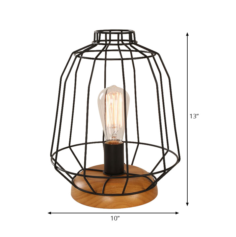 Industrial Stylish Table Lamp With Wire Guard For Bedroom - Metal And Wood Task In Black