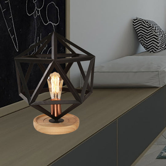 Industrial Stylish Table Lamp With Wire Guard For Bedroom - Metal And Wood Task In Black / Hexagon