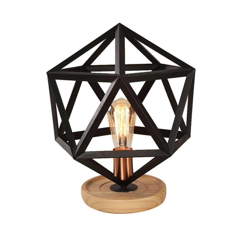 Industrial Stylish Table Lamp With Wire Guard For Bedroom - Metal And Wood Task In Black