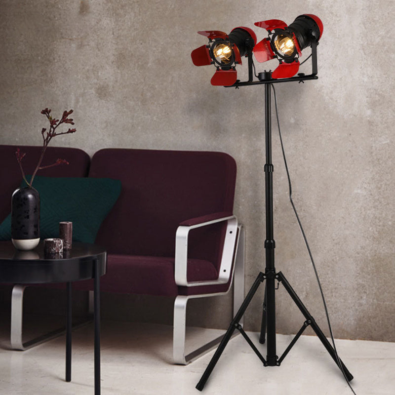 Red Tripod Design Retro Industrial Floor Lamp - 2 Lights Metallic Standing Light For Studios