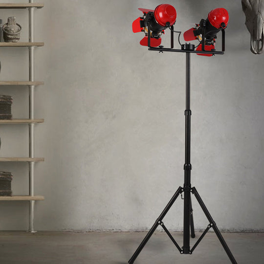 Red Tripod Design Retro Industrial Floor Lamp - 2 Lights Metallic Standing Light For Studios