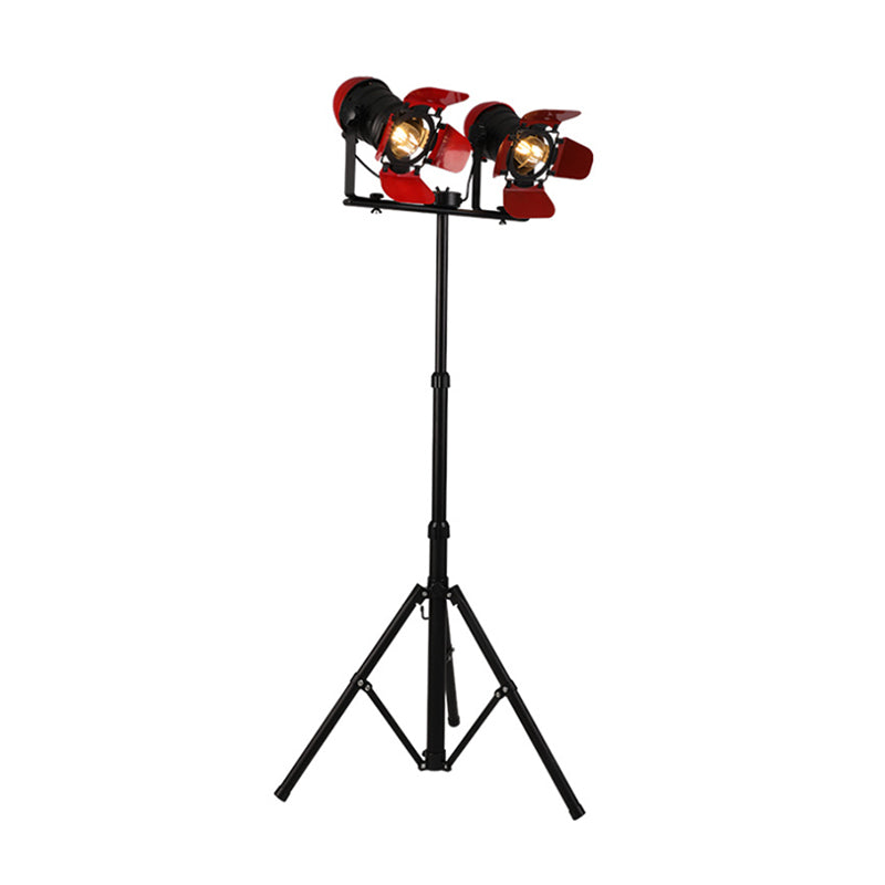 Red Tripod Design Retro Industrial Floor Lamp - 2 Lights Metallic Standing Light For Studios