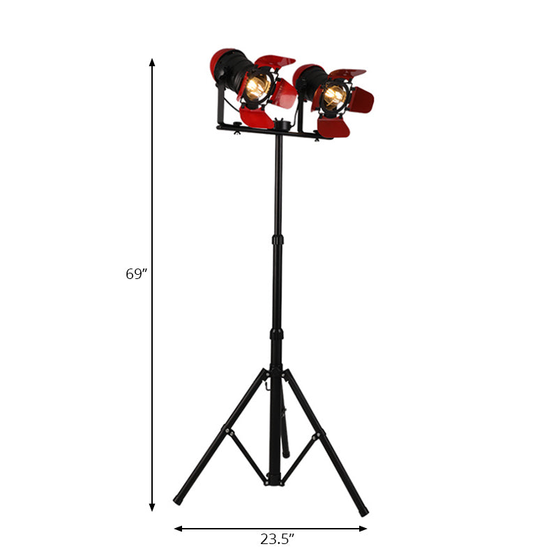 Red Tripod Design Retro Industrial Floor Lamp - 2 Lights Metallic Standing Light For Studios