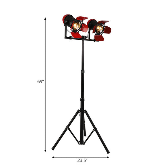 Red Tripod Design Retro Industrial Floor Lamp - 2 Lights Metallic Standing Light For Studios