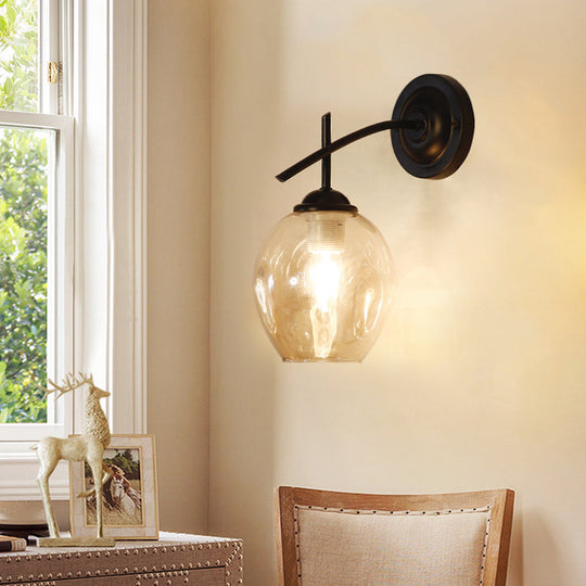 Contemporary Black/Gold Wall Sconce With Oval Amber/Gold/Clear Glass Shade - Elegant Half-Light