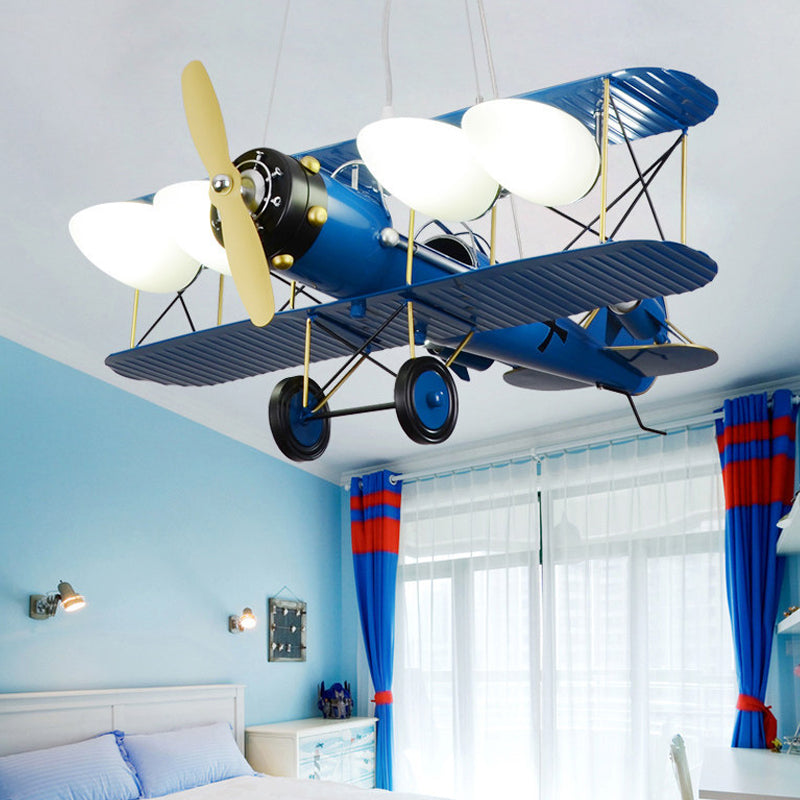 Modern Biplane Design Chandeliers For Boys Bedrooms - 4 Light Glass Shade Ceiling Fixture