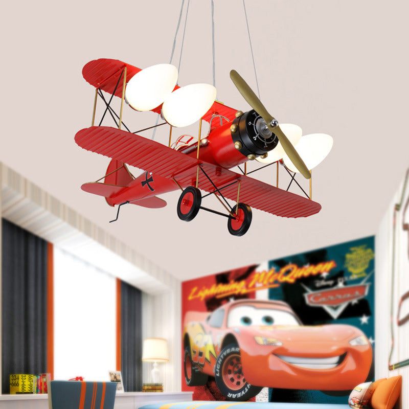 Modern Biplane Design Chandeliers For Boys Bedrooms - 4 Light Glass Shade Ceiling Fixture Red