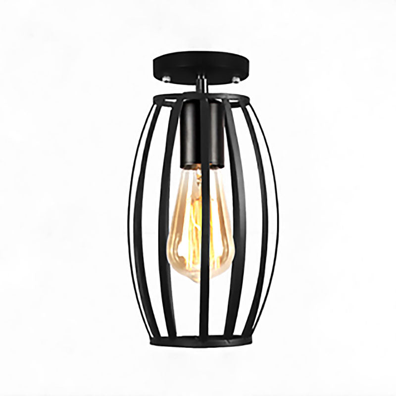 Rustic Farmhouse Semi Flush Mount Light: Barn/Oval Restaurant with Cage Shade & 1 Light Black Ceiling Fixture