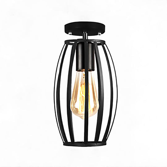 Rustic Farmhouse Semi Flush Mount Light: Barn/Oval Restaurant with Cage Shade & 1 Light Black Ceiling Fixture