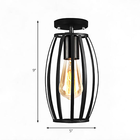 Rustic Farmhouse Semi Flush Mount Light: Barn/Oval Restaurant with Cage Shade & 1 Light Black Ceiling Fixture