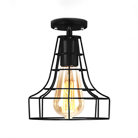 Rustic Farmhouse Semi Flush Mount Light: Barn/Oval Restaurant with Cage Shade & 1 Light Black Ceiling Fixture