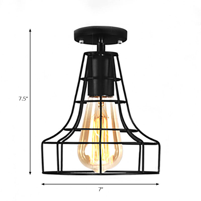 Rustic Farmhouse Semi Flush Mount Light: Barn/Oval Restaurant With Cage Shade & 1 Light Black