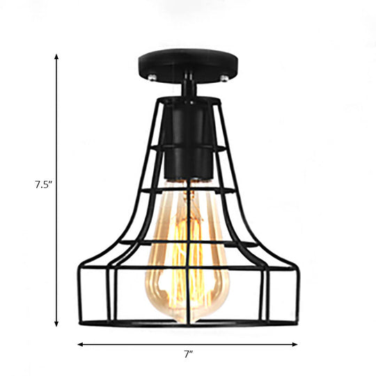 Rustic Farmhouse Semi Flush Mount Light: Barn/Oval Restaurant With Cage Shade & 1 Light Black