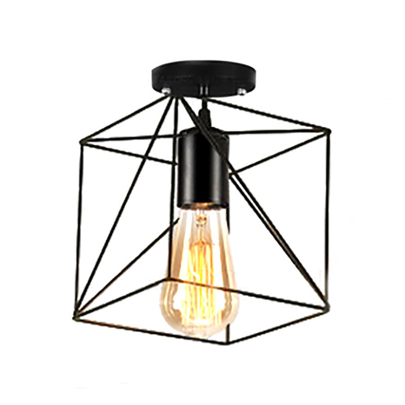 Rustic Farmhouse Semi Flush Mount Light: Barn/Oval Restaurant With Cage Shade & 1 Light Black