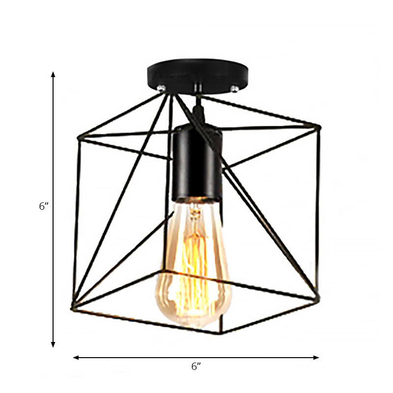 Rustic Farmhouse Semi Flush Mount Light: Barn/Oval Restaurant with Cage Shade & 1 Light Black Ceiling Fixture