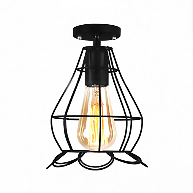 Rustic Farmhouse Semi Flush Mount Light: Barn/Oval Restaurant with Cage Shade & 1 Light Black Ceiling Fixture