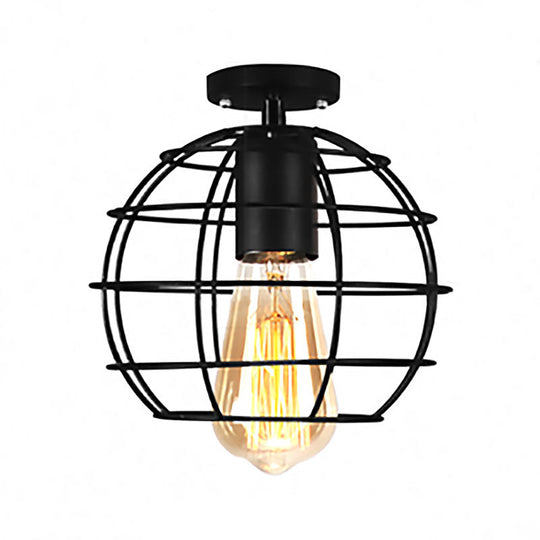 Farmhouse Style Semi Flush Mount Ceiling Light - Global/Barrel Iron with Wire Guard, 1 Light, Black Finish