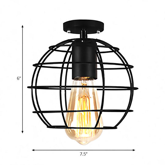 Farmhouse Style Semi Flush Mount Ceiling Light - Global/Barrel Iron with Wire Guard, 1 Light, Black Finish