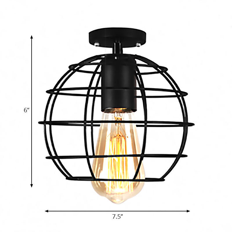 Farmhouse Style Semi Flush Mount Ceiling Light - Global/Barrel Iron With Wire Guard 1 Black Finish