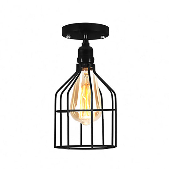 Farmhouse Style Semi Flush Mount Ceiling Light - Global/Barrel Iron with Wire Guard, 1 Light, Black Finish