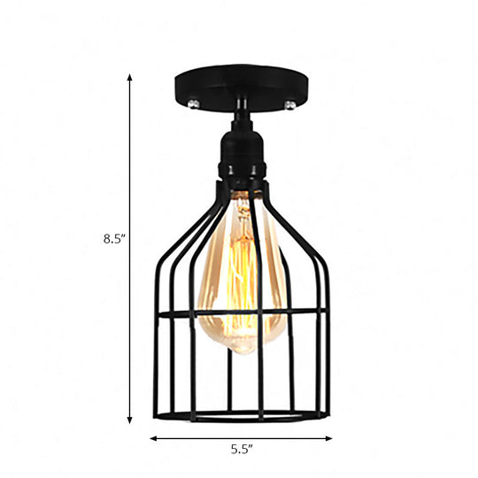 Farmhouse Style Semi Flush Mount Ceiling Light - Global/Barrel Iron With Wire Guard 1 Black Finish