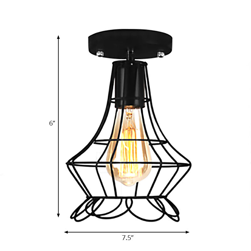 Farmhouse Style Semi Flush Mount Ceiling Light - Global/Barrel Iron with Wire Guard, 1 Light, Black Finish