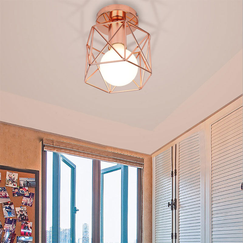 Copper Iron Loft Style Semi Flush Mount Light With Geometric Cage Shade - Bedroom Ceiling Fixture