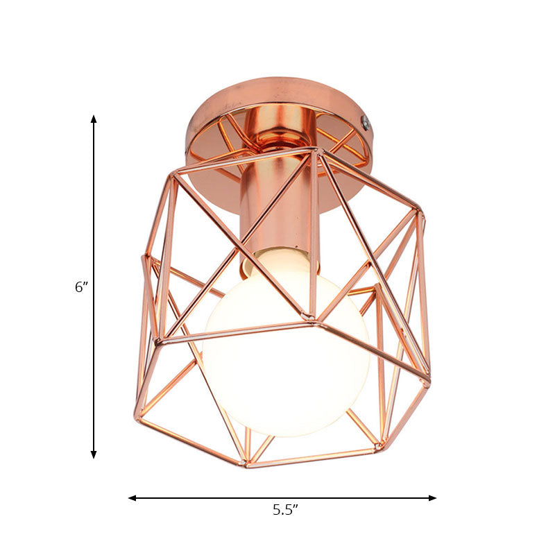 Copper Iron Loft Style Semi Flush Mount Light with Geometric Cage Shade - Bedroom Ceiling Fixture