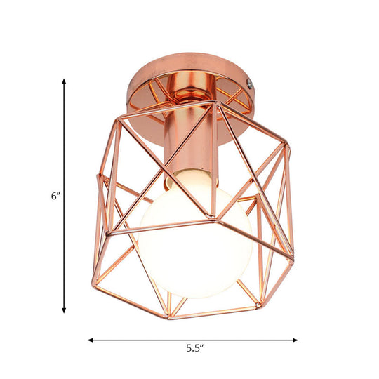 Copper Iron Loft Style Semi Flush Mount Light With Geometric Cage Shade - Bedroom Ceiling Fixture