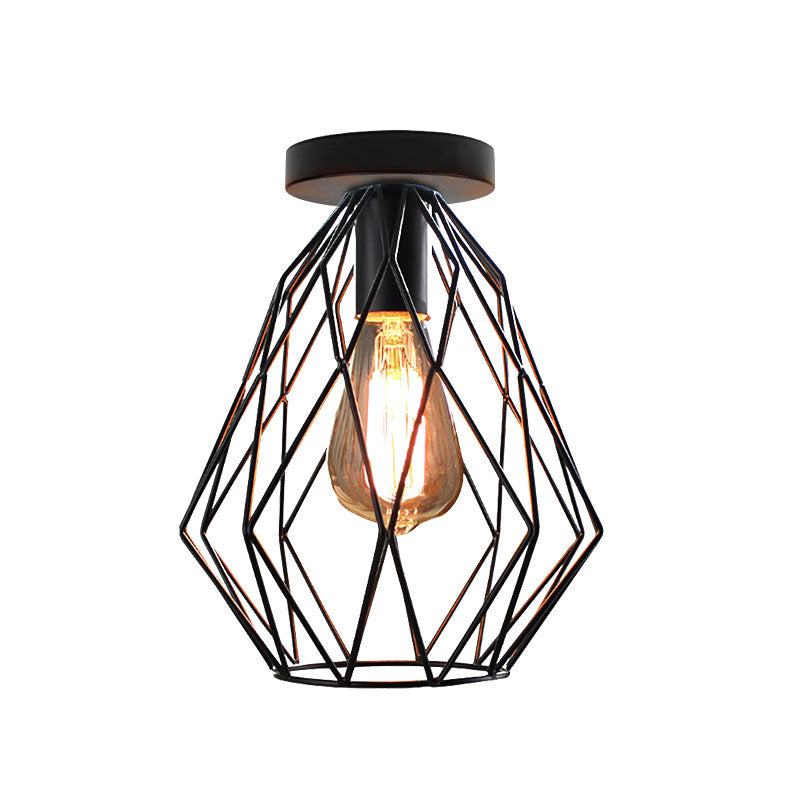 Retro Geometric Cage Ceiling Light: Stylish Iron Semi Flush Mount for Restaurants - Black Design