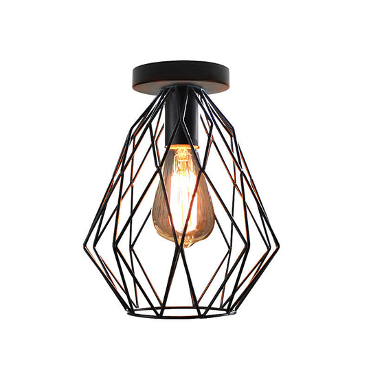 Retro Geometric Cage Ceiling Light: Stylish Iron Semi Flush Mount for Restaurants - Black Design