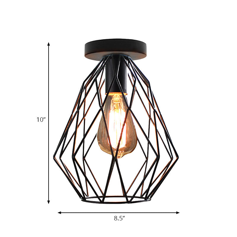 Retro Geometric Cage Ceiling Light: Stylish Iron Semi Flush Mount for Restaurants - Black Design