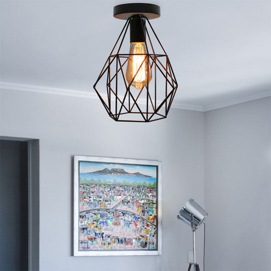 Retro Geometric Cage Ceiling Light: Stylish Iron Semi Flush Mount for Restaurants - Black Design