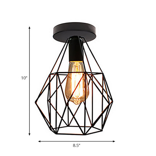 Retro Geometric Cage Ceiling Light: Stylish Iron Semi Flush Mount for Restaurants - Black Design