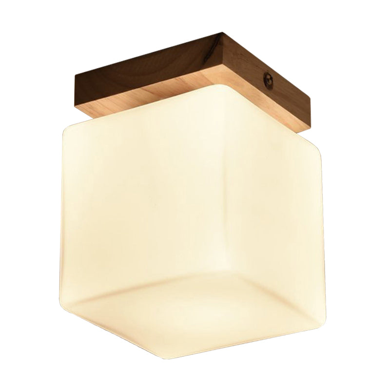 Japanese Style Wood & Glass Porch Cube Flush Ceiling Light - Stylish White Lamp