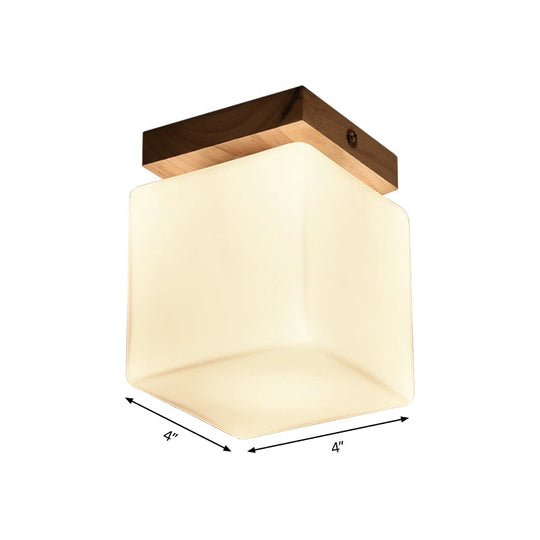 Japanese Style Wood & Glass Porch Cube Flush Ceiling Light - Stylish White Lamp