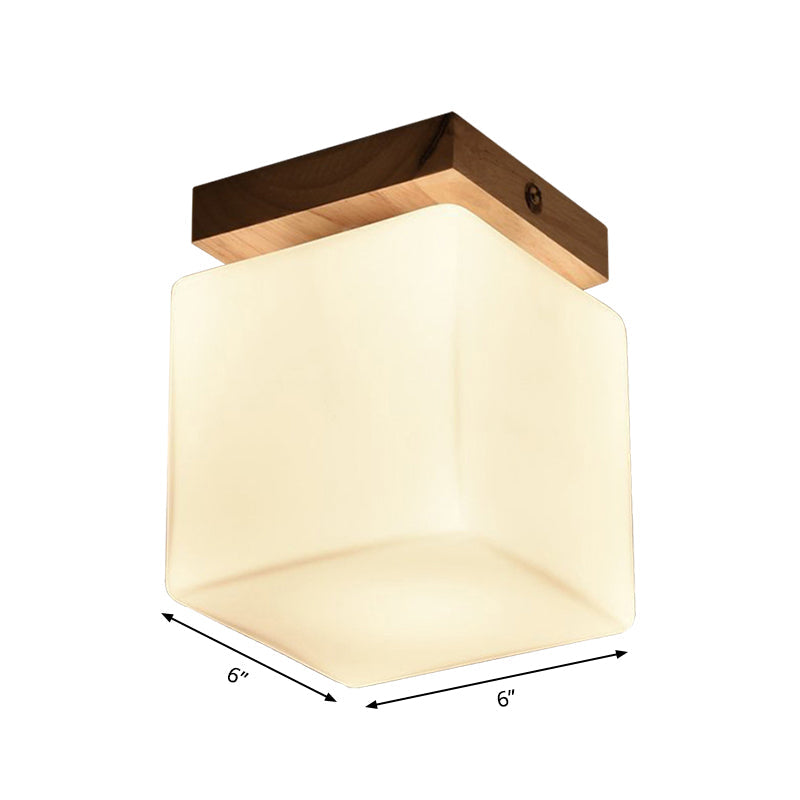 Japanese Style Wood & Glass Porch Cube Flush Ceiling Light - Stylish White Lamp