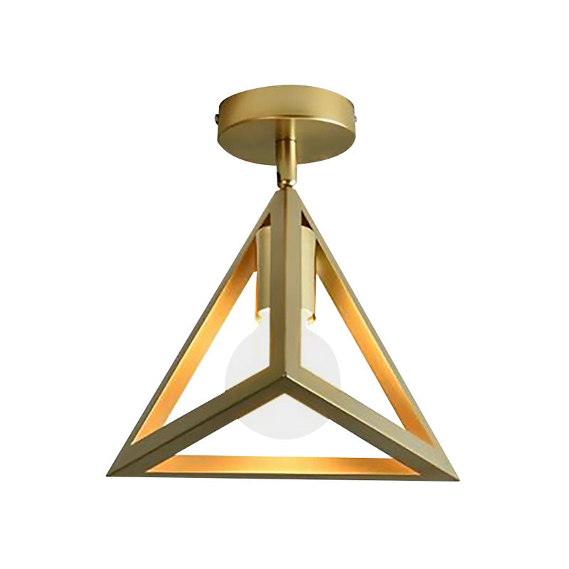 Triangle Brass Semi-Flush Bedroom Ceiling Lamp with Industrial Wire Frame