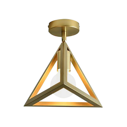 Triangle Brass Semi-Flush Bedroom Ceiling Lamp With Industrial Wire Frame