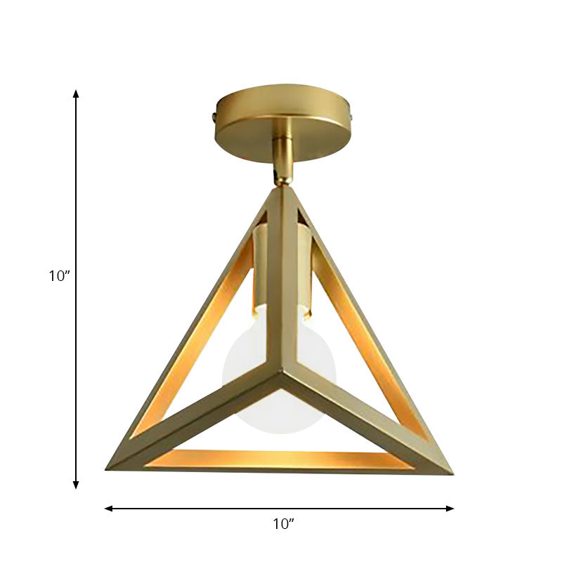 Triangle Brass Semi-Flush Bedroom Ceiling Lamp with Industrial Wire Frame