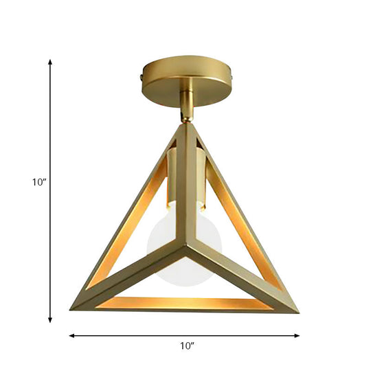 Triangle Brass Semi-Flush Bedroom Ceiling Lamp With Industrial Wire Frame