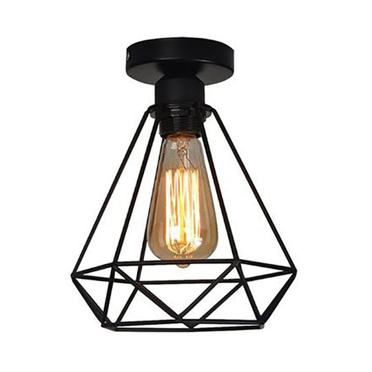 Industrial Style Single Head Iron Semi Flush Mount Ceiling Light - Black Cage Diamond Accent For